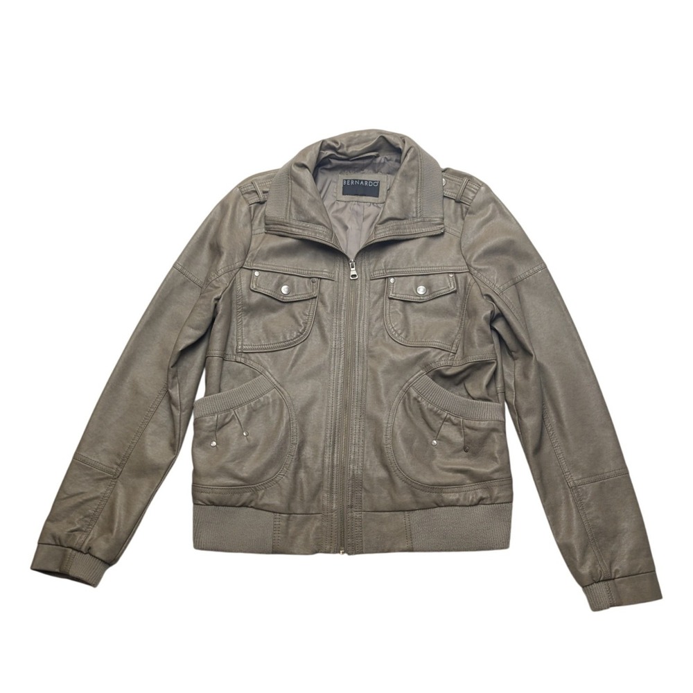 Bernardo Faux Leather Bomber Jacket Womens M Taupe Grey Ribbed Trim Zip Utility